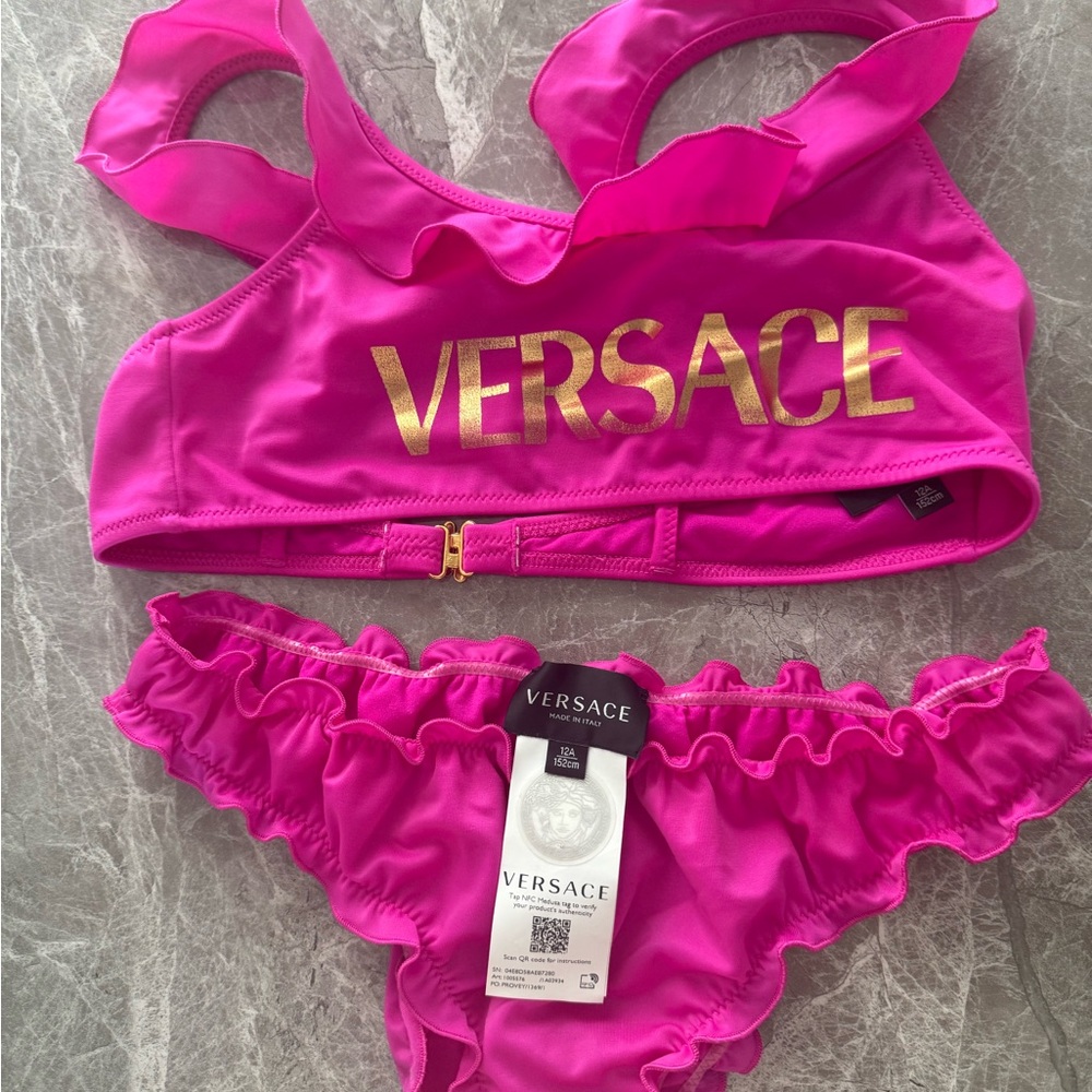 Versace Fuchsia Ruffle Bikini Set with Gold Logo